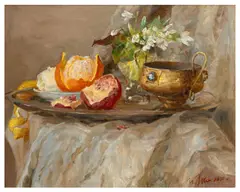 Still life with pomegranate and orange by Igor Juk, oil on canvas, offered Feb 2026
