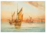 Sailboats at Sunset by J. Hill, watercolour, offered Feb 2026