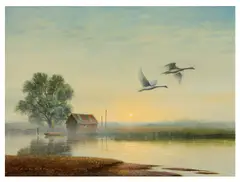 Mute Swans at Sunrise signed 'Coulson' (lower left); titled 'MUTE SWANS AT SUNRISE' (to canvas overlap) oil on canvas Dimensions:31 x 41 cm by Gerald Coulson, oil on canvas, offered Feb 2026
