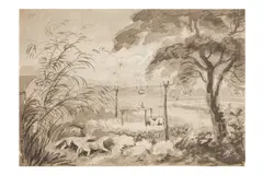 Dogs on the outskirts of an Indian village by Samuel Howitt, ink, offered Feb 2026
