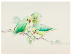 Lovebirds on a grape vine by Edward Julius Detmold, watercolour, sold Feb 2026