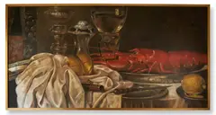 Still life with lobster, lemon and tablecloth by James Gemmill, Oil on canvas, sold May 2025