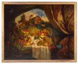 Still life of grapes, apples and the butterflies by James Perkins Studio, Oil on canvas, sold May 2025