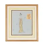 Lady wearing a white gold and yellow dress by Cecil Beaton, Watercolour, fabric swatch and pencil, heightened with white, sold Apr 2025