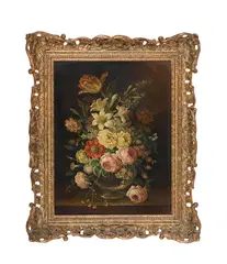 Still life of flowers on a stone ledge by Oskar Robert Donau, Oil on board, sold Apr 2025