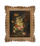 Still life of flowers on a stone ledge by Oskar Robert Donau, Oil on board, sold Apr 2025