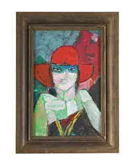 Young woman in a red hat by Ewart Johns, Oil on board, sold Apr 2025