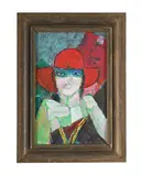 Young woman in a red hat by Ewart Johns, Oil on board, sold Apr 2025