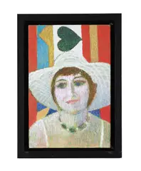 Barbara in pale pink hat by Ewart Johns, c.1981, Oil on canvas laid on board, sold Apr 2025