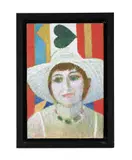 Barbara in pale pink hat by Ewart Johns, c.1981, Oil on canvas laid on board, sold Apr 2025