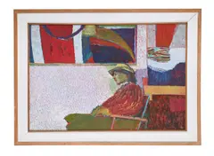 Woman seated in studio by Ewart Johns, c.1982, Oil on board, sold Apr 2025