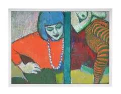 Dipytych: sarah in blue hair & striped tights by Ewart Johns, 1986, Oil on board, sold Apr 2025