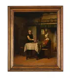 Smoking a pipe, interior scene by Jean De la Hoese, Oil on panel, offered Apr 2025