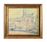 French cathedral view by Fernand Verhaegen, Oil on canvas, sold Apr 2025
