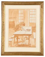 Girl doing her homework by Randolph Schwabe, Pen sepia and watercolour, sold Apr 2025