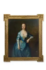 Portrait of a lady wearing a blue dress by Thomas Hudson, Oil on canvas, sold Apr 2025