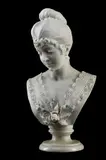 A white marble bust of young woman, early 20th century by Rafaello Battelli, sculpture, sold Mar 2025