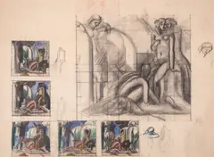 Les Captives by Robert Poughéon, Charcoal, coloured chalks, watercolour, offered Mar 2025
