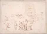 Landscape with shepherds kneeling before a term by Giovanni Francesco Grimaldi, Pen and brown ink, sold Mar 2025