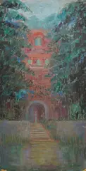Grotto, Corby Castle, River Eden by Muriel Rose, oil on canvas, sold Nov 2025
