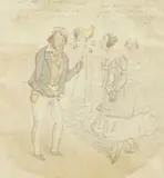 Humorous figural scene by Isaac Robert Cruikshank, watercolour and pencil, sold Nov 2025
