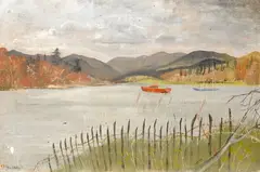 Mountainous lakeside view with boats by John Skelton, oil on canvas, offered Nov 2025