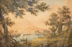 Continental riverscape with anglers by J H Fidlor, 1808, watercolour, sold Nov 2025