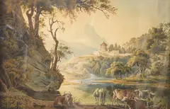 Riverscape with cattle watering by J H Fidlor, 1807, watercolour, sold Nov 2025