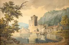 Continental lakeside scene with boats by J H Fidlor, 1808, watercolour, sold Nov 2025