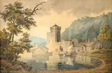 Continental lakeside scene with boats by J H Fidlor, 1808, watercolour, sold Nov 2025