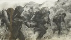 Battle scene by Keith Holmes, charcoal, offered Nov 2025