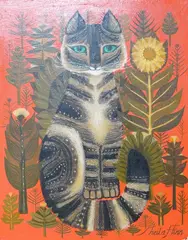 Abstract study of a cat amongst flowers by Sheila Flinn, oil on canvas board, sold Oct 2025