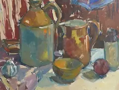 Studio Pots by Hildegarde Reid, oil on canvas board, sold Oct 2025