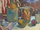 Studio Pots by Hildegarde Reid, oil on canvas board, sold Oct 2025