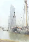 Moored fishing boats by Cyril Ward, watercolour, offered Oct 2025