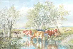 Cattle watering by Thomas Sidney Cooper, watercolour, sold Oct 2025
