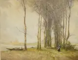 Riverscape with flock of sheep by William Tatton Winter, watercolour, sold Oct 2025