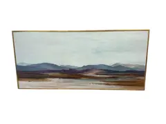 Northern Spain mountainous lakeside landscape by Gerald Parkinson, oil on board, sold Oct 2025