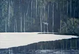 Lakeside landscape by Clyde Holmes, oil on board, sold Oct 2025