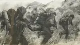 Battle scene by Keith Holmes, charcoal, offered Oct 2025
