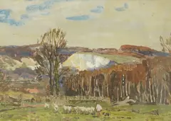 Landscape with shepherd and flock of sheep by Albert Ernest Bottomley, watercolour, sold Oct 2025