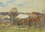 Landscape with shepherd and flock of sheep by Albert Ernest Bottomley, watercolour, sold Oct 2025