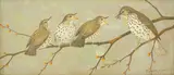 Study of four birds on a branch by Ralston Gudgeon, watercolour, sold Oct 2025