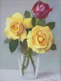 Still life of yellow roses in a vase by Robert Louis Raymond Duflos, pastel, sold Oct 2025