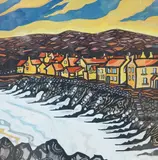 Harbour view with cottages before hills by Frank Smyth, mixed media, sold Oct 2025