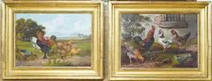 Studies of chickens before landscapes by Edward S. England, oil, sold Oct 2025