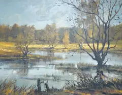 Riverscape by Gudrun Sibbons, oil on board, sold Oct 2025