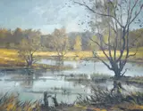 Riverscape by Gudrun Sibbons, oil on board, sold Oct 2025