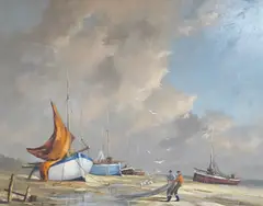 Coastal view with beached fishing boats and fishermen by Gudrun Sibbons, oil on board, sold Oct 2025