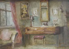 Interior scene with piano by Gertrude Hardy, ink, sold Oct 2025